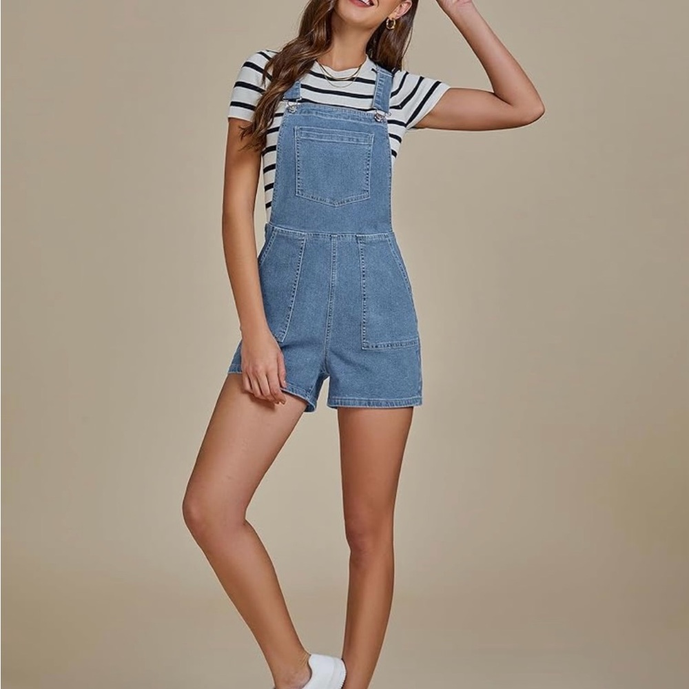 Women's Sz 12/14 Stretchy Denim Shortalls Side Zip Adjustable Straps